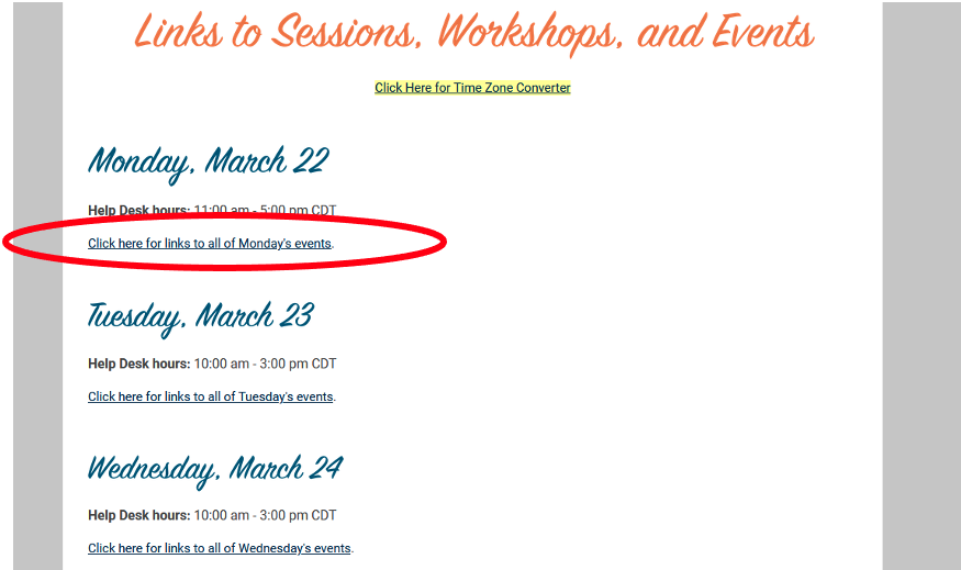 screenshot of attendee portal links to sessions, workshops, and events